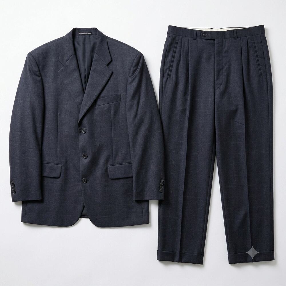 Jack Victor Wool Windowpane Suit Charcoal Gray Mens 42R 36x29 Pleated Pants